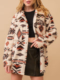 Anokhinaliza Geometric Button Up Long Sleeve Sherpa Jacket