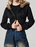 Anokhinaliza Zip Up Long Sleeve Fuzzy Hem Hooded Jacket