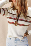 Anokhinaliza Half Button Contrast Stripe Long Sleeve Knit Top