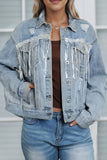 Anokhinaliza Sequin Fringe Trim Distressed Button Up Denim Jacket