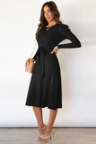 Anokhinaliza Round Neck Long Sleeve Tie Waist Sweater Dress