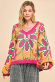 Anokhinaliza Davi & Dani Floral Contrast V-Neck Dropped Shoulder Sweater