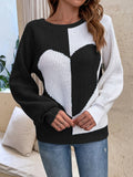 Anokhinaliza Contrast Heart Round Neck Long Sleeve Sweater