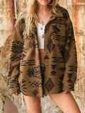 Anokhinaliza Geometric Button Up Long Sleeve Sherpa Jacket