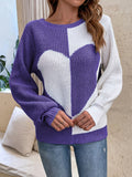 Anokhinaliza Contrast Heart Round Neck Long Sleeve Sweater