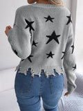 Anokhinaliza Star Pattern Distressed V-Neck Cropped Sweater