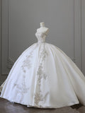 Anokhinaliza Unique Ball Gown Strapless White Lace Satin Long Wedding Dresses Brides Dress S3811