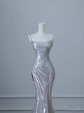 Anokhinaliza Sexy Mermaid Spaghetti Straps Silver Sequin Long Prom Dresses S3820