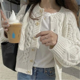 Anokhinaliza - Women Knitted Cardigan Sweater Korean Autumn Winter Cardigan Sweater Coat Round Neck Single Breasted Loose Long Sleeve Coat