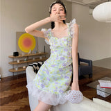 Anokhinaliza Mini Dress Baby Doll For Woman One Piece Fairy Tulip Cloud Yarn A-line Dress Green Kawaii Sweet Korean Strap Female Dress