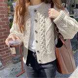 Anokhinaliza - Women Knitted Cardigan Sweater Korean Autumn Winter Cardigan Sweater Coat Round Neck Single Breasted Loose Long Sleeve Coat