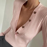 Anokhinaliza Sexy Low-cut V Neck Knit Texture Sweater 2024 Early Spring Solid Color Long Sleeve Single-breasted Rib Slim T-shirt Streetwear