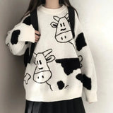 Anokhinaliza Cute cartoon cow sweaters women's new autumn and winter Korean style loose long-sleeved pullovers sweater casual outer wear