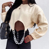 Anokhinaliza Fashion High Street Clothing Metal Chain Irregular Cropped  Tops Solid Round Collar Long Sleeve Loose Crop Top Female Fall