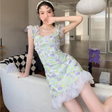 Anokhinaliza Mini Dress Baby Doll For Woman One Piece Fairy Tulip Cloud Yarn A-line Dress Green Kawaii Sweet Korean Strap Female Dress