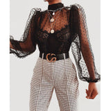 Anokhinaliza Summer Sexy Women Polka Dot Mesh Sheer See-through Tops Bikini Cover-Ups Puff Long Sleeve Tops T-Shirts Beachwear Loose Top