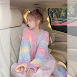 Anokhinaliza Rainbow Knitted Cardigan Women Autumn Winter Sweet Kawaii Sweater Coat Female Long Korean Button Down Cardigan Fall Women