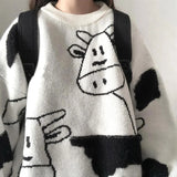 Anokhinaliza Cute cartoon cow sweaters women's new autumn and winter Korean style loose long-sleeved pullovers sweater casual outer wear