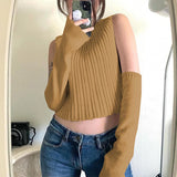 Anokhinaliza Autumn Winter Sweater New Female Fashion Y2k Solid Casual Off-shoulder Turtleneck Knitted Pullover Vest Tops With Sleeves Gloves