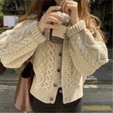 Anokhinaliza - Women Knitted Cardigan Sweater Korean Autumn Winter Cardigan Sweater Coat Round Neck Single Breasted Loose Long Sleeve Coat