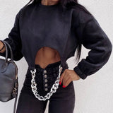 Anokhinaliza Fashion High Street Clothing Metal Chain Irregular Cropped  Tops Solid Round Collar Long Sleeve Loose Crop Top Female Fall