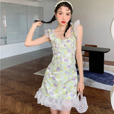 Anokhinaliza Mini Dress Baby Doll For Woman One Piece Fairy Tulip Cloud Yarn A-line Dress Green Kawaii Sweet Korean Strap Female Dress