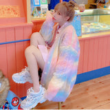 Anokhinaliza Rainbow Knitted Cardigan Women Autumn Winter Sweet Kawaii Sweater Coat Female Long Korean Button Down Cardigan Fall Women