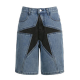 90s streetwear Fashion Five-Pointed Star Stitching Denim Middle Pants High Street Personality Contrast Color Loose Straight Low Waist Hot Girl Shorts Summer