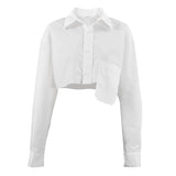 2024 fall fashion trends Asymmetric Stitching Short White Shirt 2024 Autumn New Style Navel-Exposed Fashion Casual Temperament Design Women's Clothing