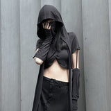 outfit inspo Hooded Two-Piece Top Women's Black Cross Long Sleeve Ultra Short Style