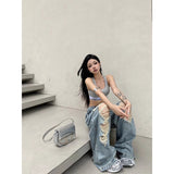 90s streetwear Niche Loose Slimming Ripped Wide-Leg Pants 2024 Summer New American Chic High Street Fashion High Waist Mopping Pants