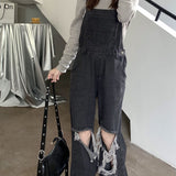 guys clothing styles Black and Gray Ripped Denim Suspender Pants Women's Korean-Style High Waist Loose Slimming Straight Wide-Leg Pants 