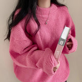 teacher outfits Korean Style Candy Color round Neck Pullover Women's Outer Wear Thick Knitted Loose Lazy Style Bottoming Knitted Top