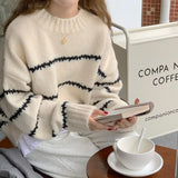 outfit ideas for school Retro Japanese Style Lazy Loose Sweater Women's Thickened Autumn and Winter 2024 New Long Sleeve Striped Half Turtleneck Sweater