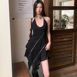 rave outfits Summer New Deconstructed Zipper Irregular Ruffled Black Halter Dress Niche Design Skirt