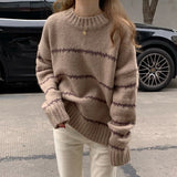 outfit ideas for school Retro Japanese Style Lazy Loose Sweater Women's Thickened Autumn and Winter 2024 New Long Sleeve Striped Half Turtleneck Sweater