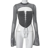 pastel goth Women's Autumn New Solid Color Casual Backless round Neck Long Sleeve Lace-up Mesh Slim Top