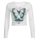 90s streetwear Women's Butterfly Print T-shirt Chicken Collar Top Long Sleeve Short Outer Wear Hot Girl Y2K Inner Wear