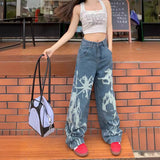 Anokhinaliza 90s streetwear Personalized Printed Pattern Jeans for Women New Washed Distressed High Waist Loose All-Match Straight Trousers Fashion