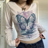 90s streetwear Women's Butterfly Print T-shirt Chicken Collar Top Long Sleeve Short Outer Wear Hot Girl Y2K Inner Wear