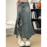 skirt outfits Irregular Split American Retro plus Size Washed High Waist A- line Hip Fishtail Denim Skirt Women's Mid-Length Skirt