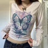 Anokhinaliza 90s streetwear Women's Butterfly Print T-shirt Chicken Collar Top Long Sleeve Short Outer Wear Hot Girl Y2K Inner Wear