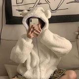 comfy school outfits Winter Thickened Cute Bear Ears Imitation Lamb Fur Age-Reducing Zipper Long Sleeve Hooded Sweater Coat Female Student Fashion