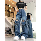 2000s fashion Jeans Women's Spring Dopamine Wear Retro Personality Love Strap Design Sense Wide Leg Straight Long Pants