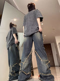 street wear dti American Ins Vintage Patch Frayed Design Jeans Women's High Street Fashion Brand Loose Straight Wide Leg Mop Pants