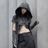 outfit inspo Hooded Two-Piece Top Women's Black Cross Long Sleeve Ultra Short Style