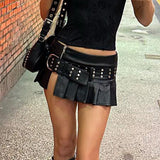 2000s fashion Punk Hot Girl Rivet Belt Split Leather Skirt Fashion Street Sexy Low Waist A- line Pleated Skirt