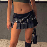 2000s fashion Punk Hot Girl Rivet Belt Split Leather Skirt Fashion Street Sexy Low Waist A- line Pleated Skirt