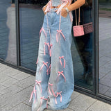 senior jeans American Style Street Style Pink Bow Loose Wide Leg Jeans Women's All-Match High Waist Gradient Color Casual Trousers