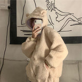 comfy school outfits Winter Thickened Cute Bear Ears Imitation Lamb Fur Age-Reducing Zipper Long Sleeve Hooded Sweater Coat Female Student Fashion